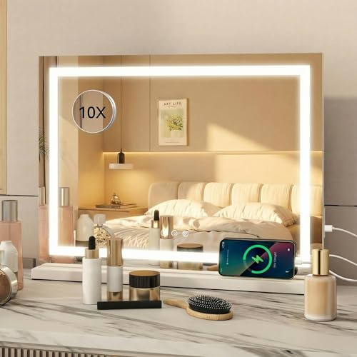 Fullawtt Hollywood Schminkspiegel mit Beleuchtung, 58 X 46cm Großer Weiß | Schminkspiegel mit 3 Farbbeleuchtungsmodi, Touch Schalter, Vanity Spiegel mit Licht, 10-facher Vergrößerung