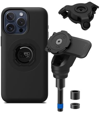 Quad Lock Motorcycle Handlebar Clamp Bolt Phone Mount PRO Kit with Vibration Dampener and iPhone 15 Pro Max MAG Case