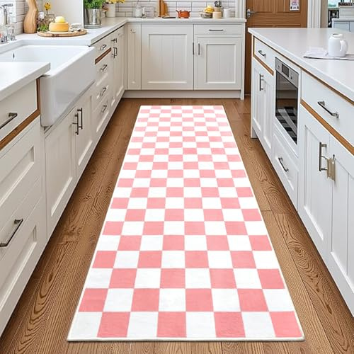 Terrug Rosa und Weiß karierter Teppich für die Küche, 60 x 180 cm, Läufer waschbar mit rutschfester Unterseite für Schlafzimmer, weich, niedriger Flor, schmutzabweisend, Retro-Teppich für