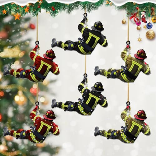 TECHEEL 6 Stück Feuerwehrmann Weihnachtsschmuck,Feuerwehrmann Weihnachten Deko Anhänger Weihnachtsbaum Feuerwehrmann Acryl Ornamente Weihnachtsbaum Anhänger für Wandfenster, Weihnachten Dekorationen