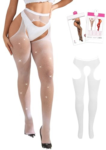 ohyeahlady Taglie Forti Collant Aperti al Cavallo Strass Scintillanti Calze a Rete Elastiche Traspiranti Autoreggenti Aperta Vita Alta Stockings con Apertura Intimo Curvy Lingerie (Bianco,L-XXL)