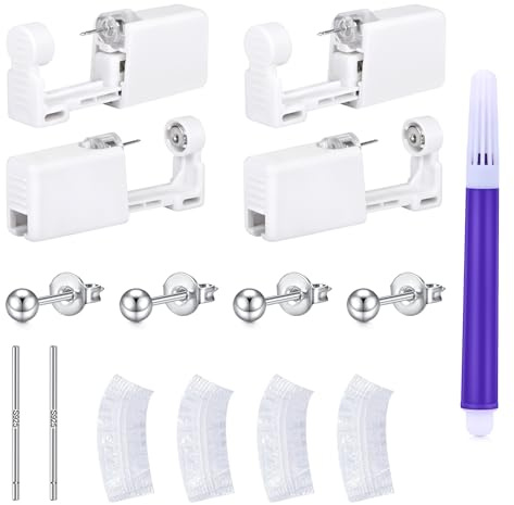 LAURITAMI 4 Stück Ohrstecker Selber Stechen Silber Set, Steril Sicherheits Ohrlochpistole mit 3mm CZ Ohrstecker, Schmerzfreies Selbst Piercing Werkzeug für Mädchen Frauen Männer