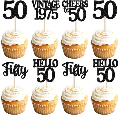 SYKYCTCY 30 Pack 50th Birthday Cupcake Toppers Glitter Hello 50 Cupcake Picks Cheers to 50 Vintage 1975 Fifty Cake Decorations for Happy 50th Birthday Wedding Anniversary Party Supplies Black
