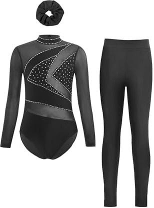 CHICTRY Kinder Mädchen Turnanzug Langarm Strass Glitzer Ballettanzug Stehkragen Gymnastikanzug Mit Lang Hose Haarband Wettbewerb Tanzkostüm