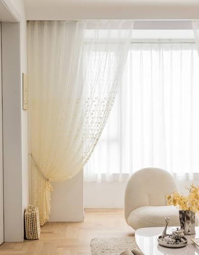 Wycian Outdoor Vorhang Ösenvorhang Creme Beige Voile 2er Pack mit Aufgesticktem Blattrankenmuster H183 x B102 cm (2er Pack) Polyester