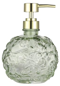 Indecor Home Seifenspender aus Glas mit Blumenprägung, Salbeigrün, nachfüllbarer Seifenspender für Badezimmer, Küche und Arbeitsplatte, umweltfreundlich, stilvolles Wohnaccessoire, Salbeigrün