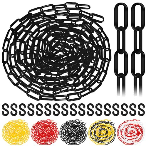 Glarks 21 barreras de cadena de plástico de 5 m x 6 mm, eslabones de cadena de plástico negro, cadena de barrera de seguridad para control de multitudes, línea de cola, estacionamiento, sitio de