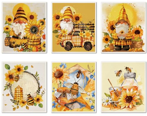 CREATCABIN 6 Stück Schwedische Geschirrtücher Für Küche Wiederverwendbare Zwerge Saugfähige Geschirrlappen Sonnenblumen Bienenmotiv Waschbare Schwamm Reinigungstücher Schnell Trocknende 19.5x17.2cm