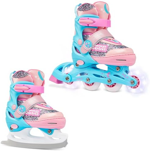 RAVEN 2in1 Schlittschuhe Inline Skates Inliner für Kinder Mädchen verstellbar Geburtstag Geschenk (Etta Blue/Pink, 34-37 (21,5cm-24cm))