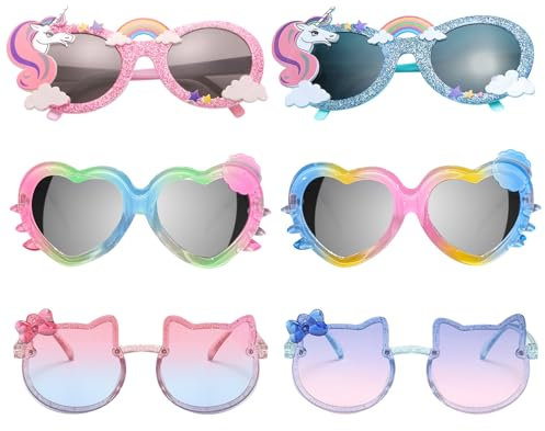 JSTHHTT 6 Paires Lunettes de Soleil Enfant, Coeur et Fleurs Lunette Drole, Mignonnes Licorne Abeille Lunettes, Lunettes de soleil UV400, pour Garçons et Filles (Bleu)