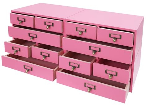 4 Pack 12 Drawers Apothecary Cabinet for Tea, Herb, and Medicine Storage - Vintage Wooden Desk Drawer Organizer Tabletop Chest for Home Office, Pink