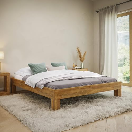 skølm Floki Massivholzbett Eiche 160x200 cm, Bettrahmen Holz, Natur geölt | hochwertiges Bettgestell, stabiler Bettrahmen, massives Holzbett, Bett geeignet als Doppelbett, Futonbett für Schlafzimmer