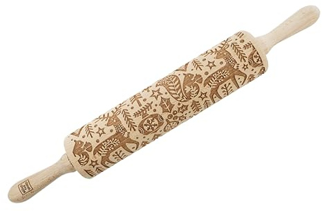 MoodForWood Teigroller aus Holz, Gravierte Holzrolle mit Wunschname auf Griff, Roller mit Muster für Teig, Kuchen & Backwaren, Nudelholz für Müheloses Ausrollen, Ø 6 cm x 43 cm, Scandi Christmas