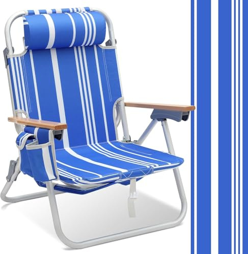 Sekey Strandstuhl Klappbar Leicht mit Schultergurt, Verstellbarer 5-Stufen Rückenlehne, Kopfstütze, 2 Seitentaschen für Camping, Strand, Angeln, Garten