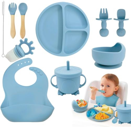NTL Global Baby Weaning Set (10 Pcs), Silicone Baby Feeding Set with Adjustable Bib & Divided Fruit Plate, Fruit Feeder, Sippy Cup, Suction Cup, Spoons & Forks, Straw Cleaner for 6+ Months - Blue
