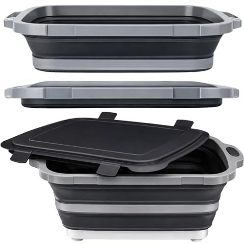 Premium BBQ Prep Tub with Locking Lid – Foldable Cutting Board, Washing Basin with Colander, Marinating & Collapsible Storage Container for Camping, Picnics, Outdoor Cooking