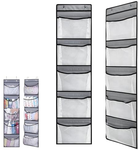 XMSHYODSM Over Door Storage Organiser, 2 Pack Hanging Storage Organizer, Over The Door Hanging Organizers with 5 Mesh Pockets Large Capacity Versatile Storages Solutions for Bedroom Bathroom Closet