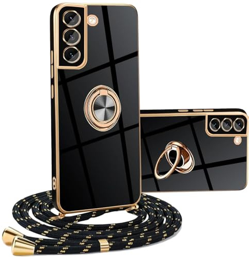 YAMCCCSE Handykette für Samsung Galaxy S20 FE Hülle mit Band, Galvanik Stoßfeste Silikon Handyhülle mit Ständer, für Samsung Galaxy S20 FE mit Kette Kordel Schutzhülle, Schwarz Gold