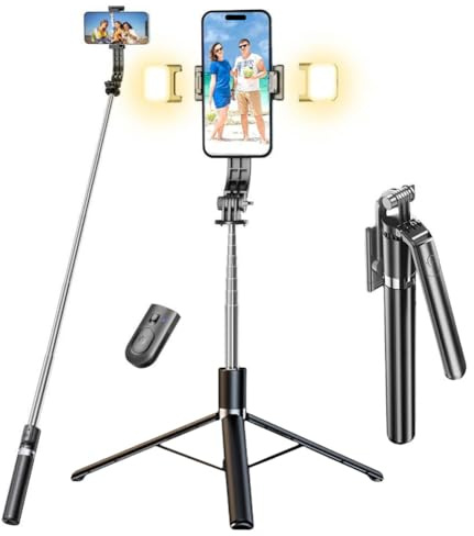 Perche à selfie avec 2 lumières de remplissage, trépied stable pour téléphone portable, avec télécommande amovible, 180 cm, pour smartphone, compatible avec iPhone, Samsung et smartphones Android