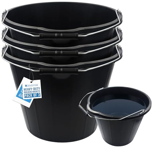 Black Builders Bucket - Sturdy Plastic Buckets with Metal Handles - Black Car Wash Bucket with Spout for Mixing Cement, Cleaning, Car Wash, Gardening, Tools, etc (PACK OF 3)