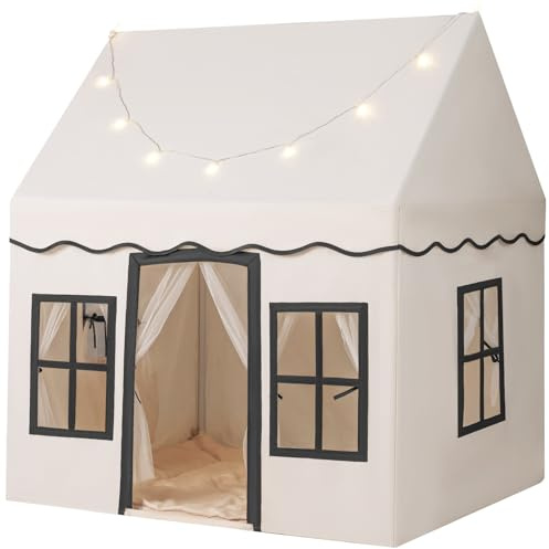 COSTWAY Kids Play Tent, Indoor Large Playhouse with Star Lights, Non-slip Mat and Windows, Castle Fairy Tents for 3-10 Years Boys Girls (Beige+Black)