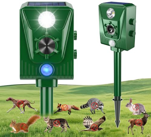 EMS - Repelente ultrasónico de zorros, repelente ultrasónico para gatos, jardín solar impermeable, disuasorio de animales, luz intermitente y carga USB para gatos, perros, ardillas, ratas, zorros
