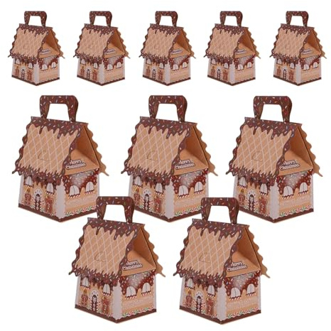 LOORGVEL Cajas Pequeñas para Galletas Navideñas en Forma de Casita de Jengibre 10 Unidades Asa Color Marrón Ideales para Dulces y Obsequios en Fiestas Navideñas
