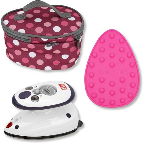 SEMPLIX Prym Mini-Bügeleisen Bundle – Kompaktes Set mit Mini-Dampfbügeleisen, Silikonablage & Reisebügeleisentasche,ideal für Nähen & Quilten, Design Polka Dots (Berry)