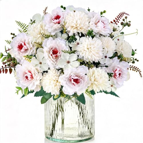4Pcs White Artificial Flowers Fake Hydrangea Peony Flowers Grave Flowers | Faux Peonies Silk Flowers Bouquet Fake Chrysanthemum Daisies Artificial Flowers for Grave Wedding HomeTable Centerpiece Decor