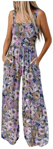 Keepink Women Jumpsuit Elegant Ladies Dungarees Smocked Baggy Wide Leg Rompers Floral Bohemian Pants Sleeveless Strappy Overall with Pocket Loose Casual Playsuit for Summer Holiday Beach
