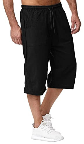 Generisch Pantacourt en lin pour homme - Pantalon trois-quarts - Capri d'extérieur - Avec poches - En coton - Bermuda - Short de plage décontracté - Taille élastique - Pantalon de plage - Pantalon de