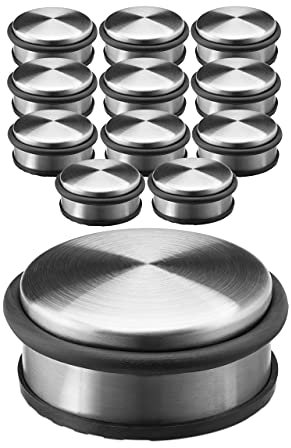 Relaxdays 12x Türstopper, Türpuffer, Türdämpfer, Edelstahl, flach, schwere Türen, Gummi-Schutz, HBT: ca. 4,5 x 10 x 10 cm, Silber