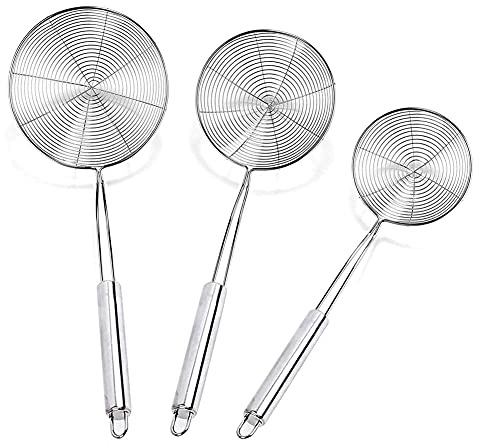 BONH Schiumarola,3 Pezzi Colino e Setaccio in Acciaio Inox Scolapasta Schiumarola con Maglia a Spirale,Manico Lungo per Evitare Schizzi,per Filtrare,Scolare e Sciacquare(12cm,14cm,16cm)
