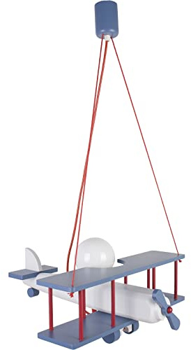 HELLUX Kinderzimmer Lampe Decke aus Holz | Deckenleuchten für Kinder | Kinderlampe Decke 75x42x45cm für Babyzimmer | Flugzeug Lampe E27 ohne Leuchtmittel (Blau/Weiß/Rot)