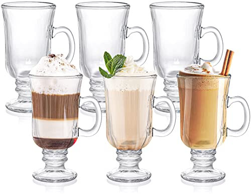ZENFUN Lot de 6 tasses à café irlandais en verre avec poignées, gobelet transparent pour latte, cappuccino, boissons chaudes et froides, 240 ml, design durable