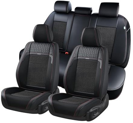 FLORICH Coprisedili per Auto, Tessuto Traspirante e Pelle Nappa Coprisedili Anteriori e Posteriori 5 PZ, Set Completo Universale Adatto per La Maggior Parte delle Auto, Berline, SUV e Camion