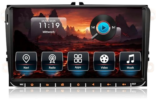 Autoradio für VW Golf 5 6 T5 Polo Sharan Passat Tiguän,[Android 14.0 4GB+64GB] CAWELL Doppel DIN Radio mit 4G/Navi/Bluetooth (9 Zoll, 8-Core Android 14 Mit Knöpfen)