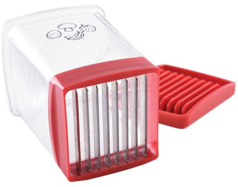 BUNIQ Strawberry Cup Slicer, Fruit Slicer Cup, Speed Slicer with Plate, Stainless Steel Fruit Slicer Cutter Cup for Strawberry Banana Egg, Portable Fruit Vegetable Dicer Slicer Kitchen Gadgets