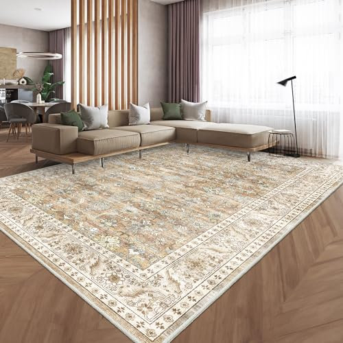 HOMFINE Vintage Area Rug for Living Room - Machine Washable Rug Soft Short Pile for Bedroom Kitchen Floral Print Traditional Rug Stain Resistant, Home Decor Office Carpet, Beige Brown, 200 * 300CM