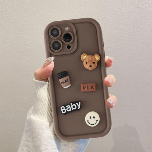 Coalbooliy Handyhülle für iPhone 13 Pro Max hülle 6,7'', Aesthetic 3D Teddybär Muster Design Kaffeefarbe Weiche TPU Silikon Stoßfest Kameraschutz Schutzhülle Bumper Ultra Dünn Mädchen Case, 01
