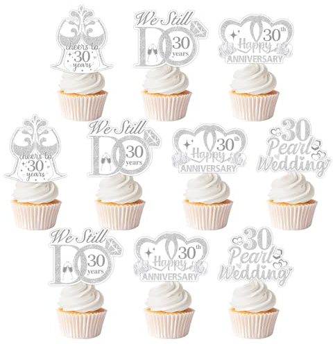 30th Wedding Anniversary Cupcake Topper, 36pcs Double-Sided Printed 30th Pearl Wedding Cupcake Toppers Silver Glitter 30 Wedding Anniversary Heart Wine Glass Ring Cake Decoration