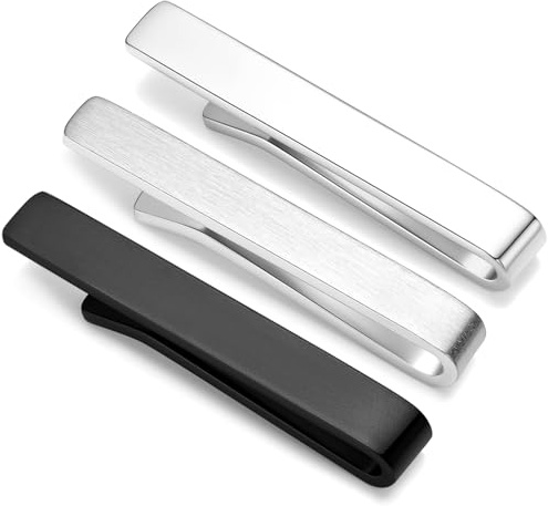 HONEY BEAR Set de 3 Clip Pasador de corbata Pisacorbatas 4cm, para hombre estrecho corbata delgada negocio boda regalo 1.57inch (Espesor Brillante+ plata mate+ negro con caja)