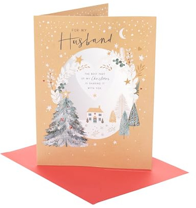 Brittiska hälsningar | Julkort för make | julklappar | honom, pojkar, män | hus och träd scen | med kuvert | 27,5 x 21 cm