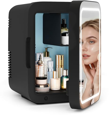 ARTETHYS Mini Fridge for Bedrooms 4L Skincare Beauty Fridge with LED Mirror Compact Car Fridge for Home Office Cosmetic, 220V AC/12V DC, Black