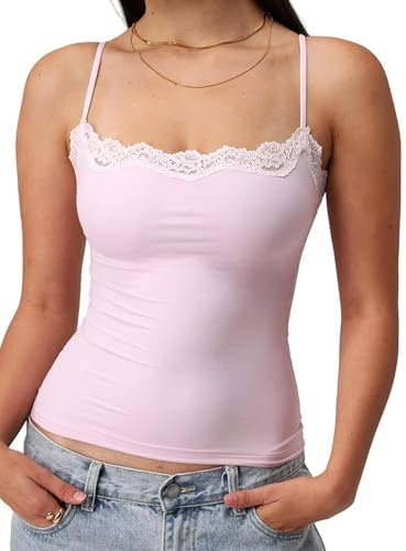Women Y2k Lace Trim Cami Tops Sleeveless Spaghetti Strap Crop Tank Tops Summer Going Out Camisoles Basic Vest Tops (A-Pink, S)