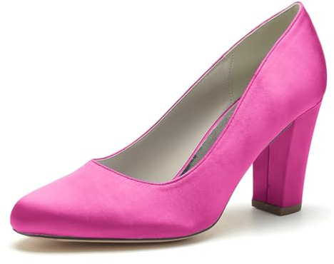 HFWXYSA Chaussures De Mariée en Satin pour Femmes Escarpins À Talons Carrés Bout Rond Chaussures De Soirée De Mariage,Fuchsia,37 EU