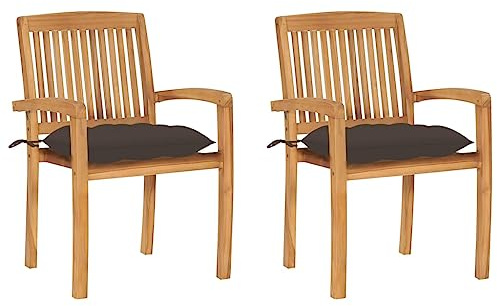 Emmtore 2X Teak Massiv Gartenstuhl mit Taupe Kissen Stapelbar Stapelstuhl Holzstuhl Gartensessel Stapelsessel Gartenmöbel Stuhl Terrassenstuhl