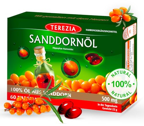 TEREZIA Omega 7 Sanddornöl Kapseln -100% Reines und Natürliches Omega Fettsäuren, Enthaltet Omega 3 6 7 9 und Beta Karotin - Ohne jegliche Zusatzstoffe, Nicht-GVO – 500mg x 60 Softgel Kapseln