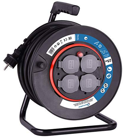 Electraline 49125 Allargador de Cables con Enrollacables con Tomas de Corriente Fijas 25 M, Pletina Fija, Cable H05 VV-F Secciòn 3G1, 5 mm², Color Negro