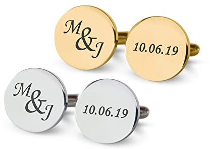Custom engraved cufflinks for weddings, personalized gift for groom, father of the bride & groom dad, best men, customized gold & silver cufflinks with dates, quotes or couples initials from bride